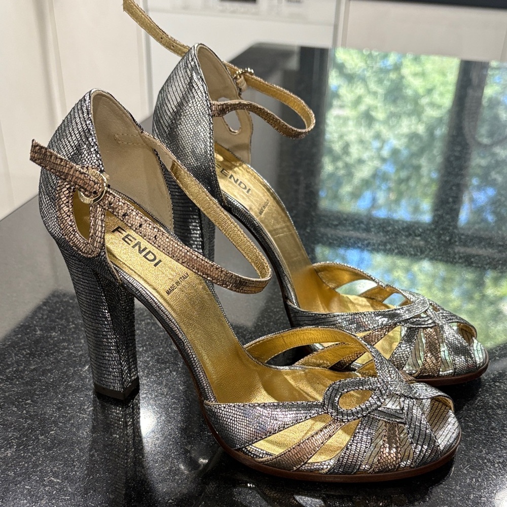 Fendi Silver and Gold Strappy Heels